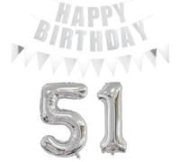 ot de 2 ballons en forme de chiffre 51 argenté + guirlande Happy Birthday + bannière en aluminium argenté 51 ans Décoration d'anniversaire pour hommes et femmes 51 ballons d'anniversaire