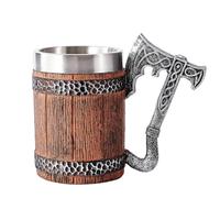 OTARTU Tasse à bière Viking en imitation bois et poignée en fer, 500 ml, tasse de style taverne pour boissons chaudes ou froides, chope de bière en acier inoxydable pour homme et cadeau de fête des