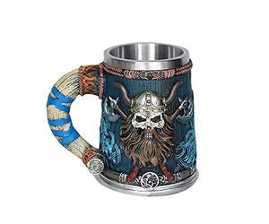 OTARTUDE Valhalla Chope de bière Viking en acier inoxydable à poignée unique en forme de tête de mort, chope nordique viking guerrier 550 ml, cadeau d'Halloween pour homme