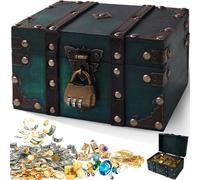 Otauoaea Coffre Trésor Vintage en Bois, Boite avec Cadenas Pirate, Coffre fort Enfant Bois a Code Boîte à Bijoux avec Couvercle Pour Enfant Tirelire pour Stockage, Décoration(Vert)
