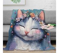 OTBSDNKZZ 3D Imprimé Mignon Chat with Fleurs Couverture Microfibre Respirante Painting fantaisiste Plaid Chaud Légère pour Étudiants Jeunes Adultes Voyageurs 40x50inch(100x130cm)