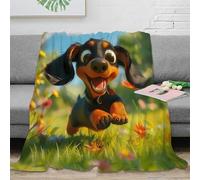 OTBSDNKZZ 3D Imprimé Mignon Dachshund Chiot Plaid de Voyage Microfibre Compact Dessin animé Animation Couverture Anti-Bouloche pour Campeurs Voyageurs Familles 70×80inch(180x200cm)