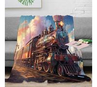 OTBSDNKZZ 3D Imprimé Vintage Train Couverture Polaire Microfibre Chaud Steam Locomotive Art Jeté de Lit Cadeau Anniversaire pour Amis Proches 70×80inch(180x200cm)