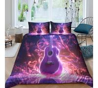 OTBSDNKZZ Acoustic Guitar Housse de Couette Microfibre 3 pièces Imprimé en 3D Hypoallergique Fantaisie Neon Style Parure de Lit avec 2 x Taies d'oreiller Respirante for Adulte Single（135x200cm）