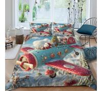 OTBSDNKZZ Christmas Plane Parure de Lit Hypoallergique Microfibre 3 pièces Imprimé en 3D Festive Cartoon Style Linge de Lit avec Taie d'oreiller Confortable for Adultes Enfants Single（140x200cm）