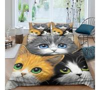OTBSDNKZZ Cute Kitten Trio Parure de Lit Microfibre Hypoallergique 3 Pièces 3D Effet Douce Cartoon Animal Illustration Linge de Lit avec Fermeture Éclair Résistante for Filles Ado Single（135x200cm）