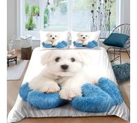 OTBSDNKZZ Cute Puppy Parure de Lit Hypoallergique Microfibre 3 pièces Imprimé en 3D Blanc Fluffy Pet Housse de Couette avec Taie d'oreiller Ultra Douce for Ado Single（135x200cm）