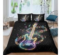 OTBSDNKZZ Electric Guitar Housse de Couette 3 Pièces 3D Imprimée Microfibre Hypoallergique Neon Music Notes Style Parure de Lit avec 2 x Taies d'oreiller Respirante for Ado Single（135x200cm）