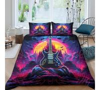 OTBSDNKZZ Electric Guitar Parure de Lit Ultra Douce Microfibre Hypoallergique 3 Pièces Neon Fantaisie Rock Linge de Lit avec 2 x Taies d'oreiller Confortable for Enfants Garçons Ado Single（135x200cm）