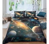 OTBSDNKZZ Galaxy Space Ensemble De Literie 3D Effet Microfibre 3 Pièces Hypoallergique Cosmic Planet Parure de Lit avec Taie d'oreiller Super Douce for Chambre de garçons Single（140x200cm）