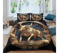 OTBSDNKZZ Golden Bull Parure de Lit Microfibre 3 Pièces 3D Imprimée Confortable Mythical Animal Sculpture Ensemble De Literie avec Fermeture Éclair Ultra Douce for Adolescent Single（140x200cm）