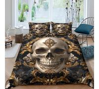OTBSDNKZZ Gothic Skull Housse de Couette 3 pièces 3D Effet Microfibre résistante Baroque Ornate Design Parure de Lit avec Fermeture Éclair Facile d'entretien for Adolescent Double（200x200cm）
