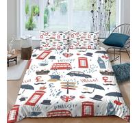 OTBSDNKZZ London Icons Parure de Lit Microfibre 3 pièces Imprimé en 3D Hypoallergique Vector Illustration Style Housse de Couette avec Fermeture Éclair Ultra Douce for Couple Single（135x200cm）