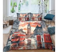 OTBSDNKZZ London Street scène Housse de Couette Ultra Douce Microfibre Hypoallergique 3 Pièces Vibrant Watercolor Linge de Lit avec 2 x Taies d'oreiller Confortable for Hommes Enfants King（220x240cm）