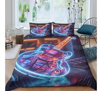 OTBSDNKZZ Neon Guitar Housse de Couette Microfibre résistante 3 pièces 3D Effet Super Douce Futuristic Electric Parure de Lit avec Fermeture Éclair Hypoallergique for Hommes Enfants Single（140x200cm）