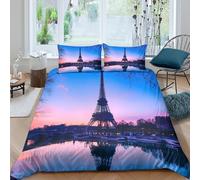 OTBSDNKZZ Paris Skyline Parure de Lit Microfibre Hypoallergique 3 Pièces 3D Effet Douce Soir Cityscape View Linge de Lit avec Fermeture Éclair Résistante for Filles Ado Single（135x200cm）