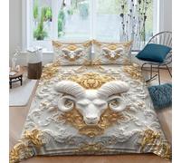 OTBSDNKZZ Ram Head Decor Linge de Lit Microfibre résistante 3 Pièces 3D Effet Léger Baroque Ornate Style Parure de Lit avec Taie d'oreiller Facile d'entretien for Chambre de garçons Single（135x200cm）