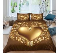 OTBSDNKZZ Romantique Heart Parure de Lit Microfibre résistante 3 Pièces 3D Effet Douce Golden Floral Design Ensemble De Literie avec Fermeture Éclair Confortable for Enfant Single（135x200cm）