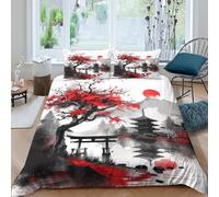 OTBSDNKZZ Rouge Cherry Arbre Housse de Couette Microfibre Hypoallergique 3 Pièces 3D Effet Confortable Japanese Ink Painting_ Parure de Lit avec Fermeture Éclair Ultra Douce for Ado King（220x240cm）