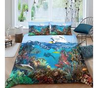OTBSDNKZZ Underwater scène Linge de Lit 3 Pièces 3D Imprimée Hypoallergique Tropical Reef Diving Housse de Couette avec 2 x Taies d'oreiller Respirante for Décoration de Chambre Super King（260x220cm）