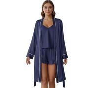 Otbushit Ensemble Robe et Chemise de Nuit en Soie 3 pièces pour Femme, Ensemble Chemise de Nuit et Robe Douce Confortable, Pyjama Sexy en Soie pour Femme Printemps été