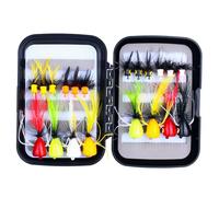 Otbushit Lot de 20 Mouches de pêche à la Mouche, leurres Couleurs mélangées avec Plumes et Yeux réalistes pour Truite et Bar, boîte matériel Portable Incluse