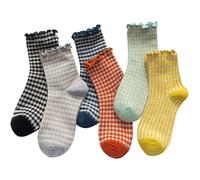Otbushit Lot de 6 chaussettes à volants pour femme, chaussettes à volants motif écossais avec bordure en dentelle, mignonnes et confortables pour femme, taille M (convient aux pointures 5-9)