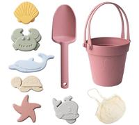 Otbushit Lot de 8 Jouets de Plage en Silicone sûrs pour Enfants, Jouets Sable avec Seau à Pelle et moules à Sable, boîte étanche pour Voyage, été, extérieur, Brique Rouge