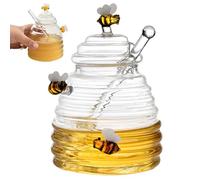 Otbushit Pot à miel avec abeilles mignonnes, Pot à miel de 500ml avec trempette et couvercle, Transparent et bruiseur pour sirop, 1 ensemble