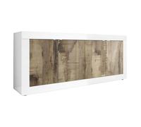 OTELLO - Buffet 4 Portes Finition Blanc Laqué et Aspect Bois Antik