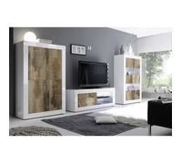 OTELLO - Ensemble Salon Finition Blanc Laqué et Aspect Bois Antik avec Leds