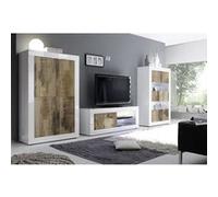 OTELLO - Ensemble Salon Finition Blanc Laqué et Aspect Bois Antik avec Leds - Altobuy Marron