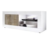 OTELLO - Meuble TV 1 Portes 2 Niches Blanc Laqué et Aspect Bois Antik avec Leds - Altobuy Marron G
