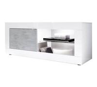 OTELLO - Meuble TV 1 Portes 2 Niches Finition Blanc Laqué et Aspect Béton avec Leds - Altobuy Gris G