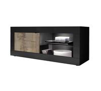 OTELLO - Meuble TV 1 Portes 2 Niches Noir Mat et Aspect Bois Antik avec Leds - Altobuy Noir G