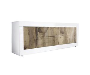 OTELLO - Meuble TV 2 Portes 2 Tiroirs Finition Blanc Laqué et Aspect Bois Antik