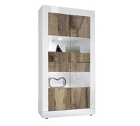 OTELLO - Vitrine 4 Portes Finition Blanc Laqué et Aspect Bois Antik avec Leds - Altobuy Marron
