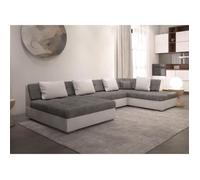 OTIA - Canapé d'angle panoramique et Convertible XXL en U - en Simili et Tissu - Angle Droit (Gris et Blanc)