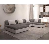 OTIA - Canapé d'angle panoramique et Convertible XXL en U - en Simili et Tissu - Angle Droit (Gris et Blanc)