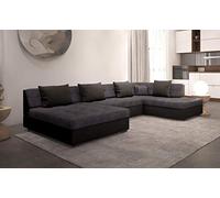 OTIA - Canapé d'angle panoramique et Convertible XXL en U - en Simili et Tissu - Angle Droit (Gris et Noir)
