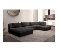 OTIA - Canapé d'angle panoramique et Convertible XXL en U - en Simili et Tissu - Angle Droit (Gris et noir)