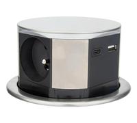 Otio, Bloc Multiprise Encastrable 3 Prises 16A 2P+T et 2 USB, Alu, Ø100mm, Câble H05VV-F 3G1,5mm² 1.5m, Puissance Max 3680W, IP20, Installation Facile, Cuisine/Bureau, Dimensions Fermé Ø10.3x11.5cm