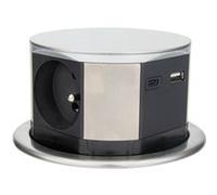 Otio, Bloc Multiprise Encastrable 3 Prises 16A 2P+T et 2 USB, Alu, Ø100mm, Câble H05VV-F 3G1,5mm² 1.5m, Puissance Max 3680W, IP20, Installation Facile, Cuisine/Bureau, Dimensions Fermé Ø10.3x11.5cm