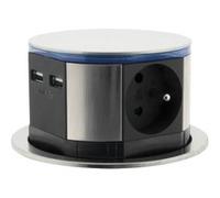 OTIO Bloc multiprise encastrable compact LED 3 prises 16A 2P+T & 2x USB Finition Inox