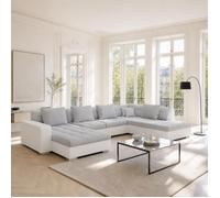 OTISIA - Canapé d’angle panoramique convertible en tissu gris et simili blanc - 6 palces - 350 cm - Angle droit