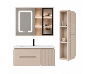 Otitec Ensemble Meuble Salle de Bain 100 cm avec Vasque, Armoire Miroir LED et Colonne - Beige Cachemire - CYLIA