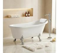OTITEC LEONA Baignoire îlot 160x75 cm - pieds chrome, siphon, appui-tête | Baignoire rétro avec pieds patte de lion