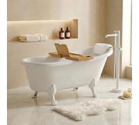 OTITEC LEONA Baignoire îlot 170x70 cm - pieds blanc, siphon, plateau bambou | Baignoire rétro avec pieds patte de lion