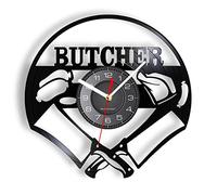 OTKU Pendule Murale Silencieuse 30cm Chef Butcher Couteaux croisés Disque Vinyle Horloge Murale Cuisine Salle à Manger Décor Boucherie Boucherie Grillades BBQ Party Montre décorative