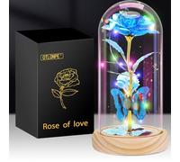 Otlonpe Cadeau Saint Valentin Femme, Rose Eternelle sous Cloche Cadeau Femme Maman Anniversaire avec Lumières, Fleur Artificielle Cadeau pour Femme Maman,Cadeau Fete des Meres (Bois-Bleu)
